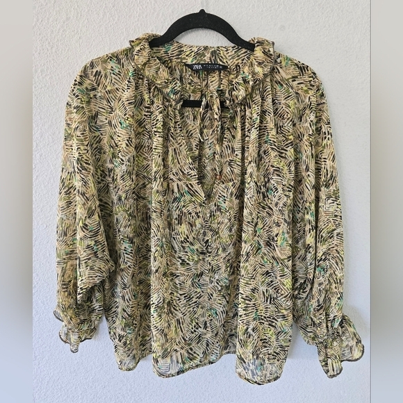 Zara Woman Blouse Sz S Tie Front Ruffles Sheer Flare Sleeves Tassel Flowy - Picture 4 of 11